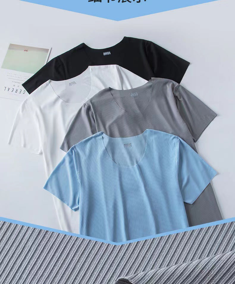 Ice Silk Pajamas Men's Summer Home Clothes Set Modal Seamless Crewneck Thin Short Sleeve Men's T-shirt Wholesale