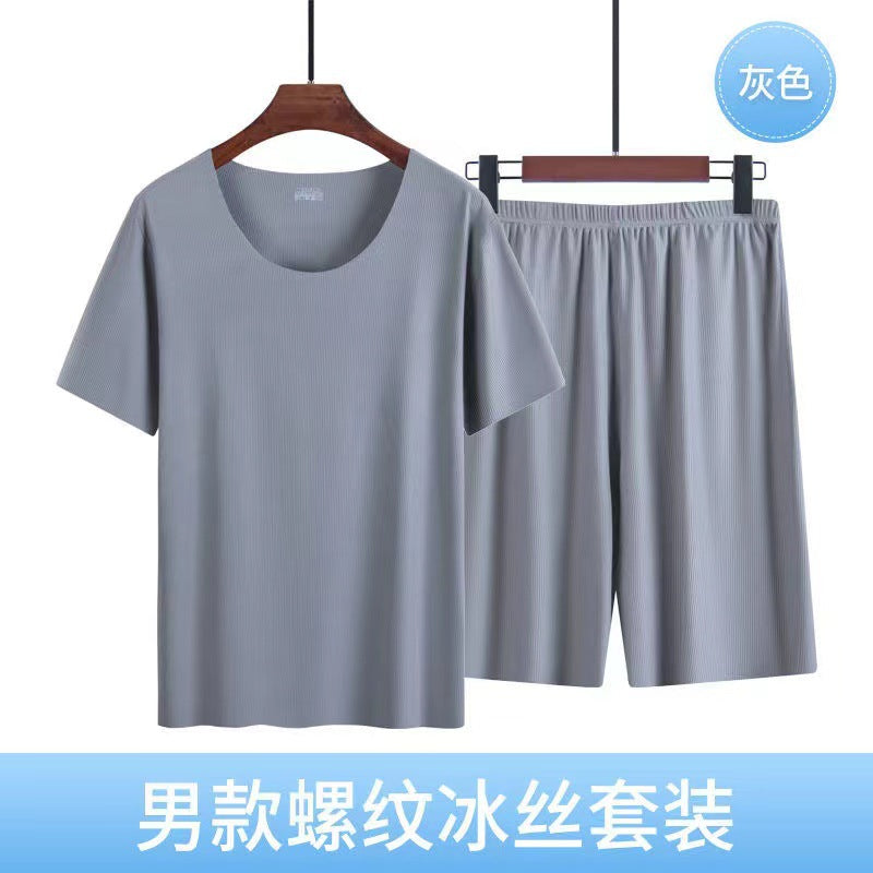 Ice Silk Pajamas Men's Summer Home Clothes Set Modal Seamless Crewneck Thin Short Sleeve Men's T-shirt Wholesale