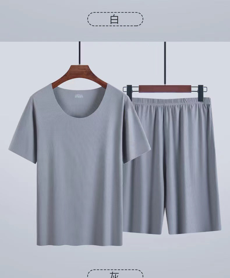Ice Silk Pajamas Men's Summer Home Clothes Set Modal Seamless Crewneck Thin Short Sleeve Men's T-shirt Wholesale