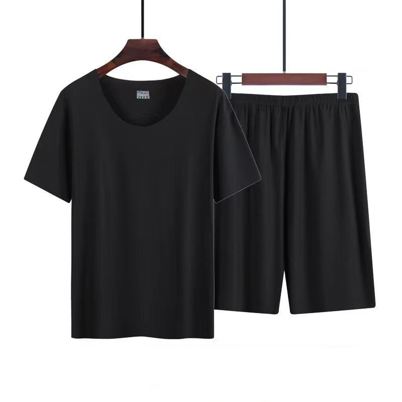 Ice Silk Pajamas Men's Summer Home Clothes Set Modal Seamless Crewneck Thin Short Sleeve Men's T-shirt Wholesale