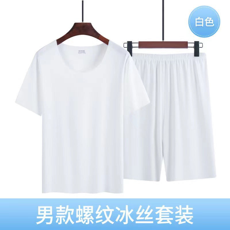 Ice Silk Pajamas Men's Summer Home Clothes Set Modal Seamless Crewneck Thin Short Sleeve Men's T-shirt Wholesale