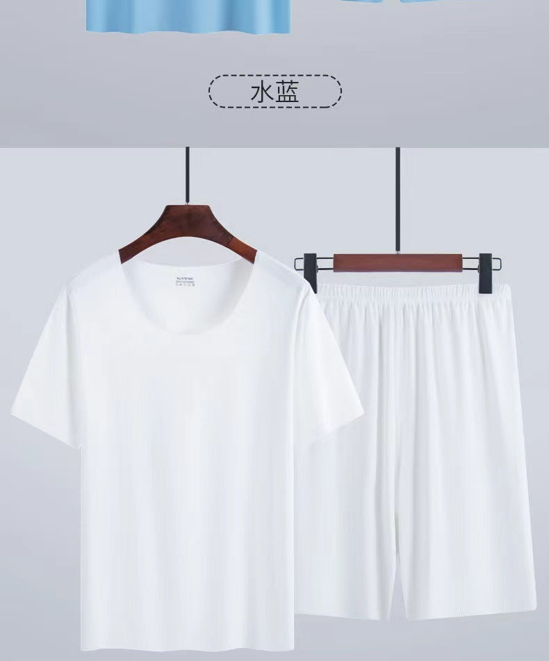 Ice Silk Pajamas Men's Summer Home Clothes Set Modal Seamless Crewneck Thin Short Sleeve Men's T-shirt Wholesale