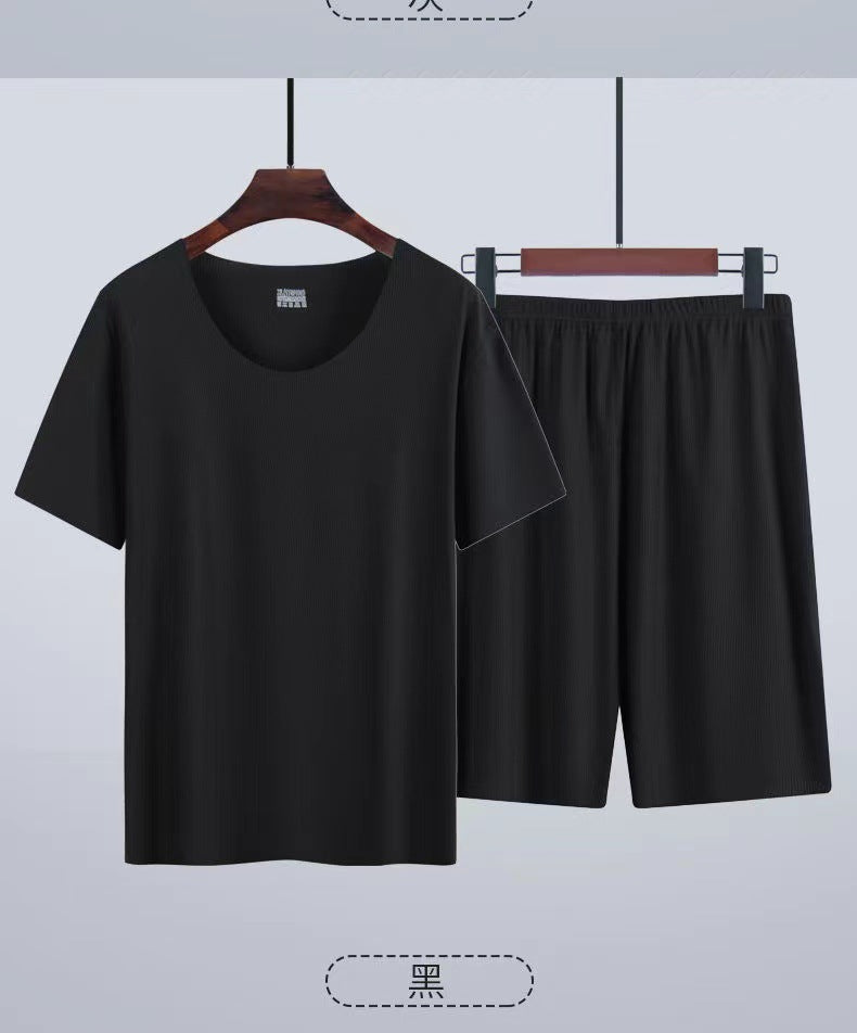 Ice Silk Pajamas Men's Summer Home Clothes Set Modal Seamless Crewneck Thin Short Sleeve Men's T-shirt Wholesale