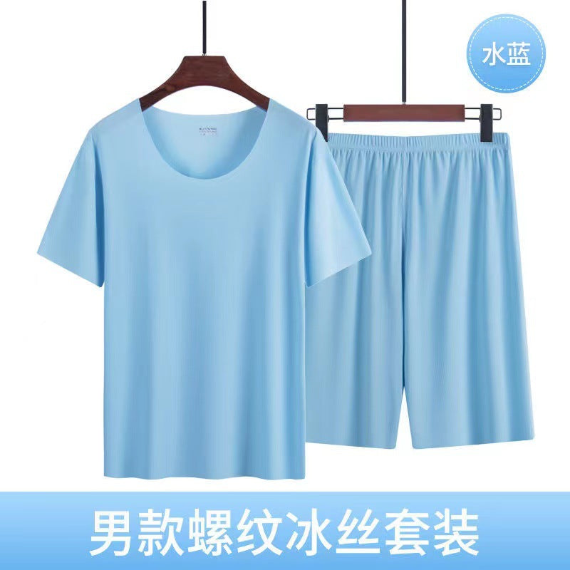 Ice Silk Pajamas Men's Summer Home Clothes Set Modal Seamless Crewneck Thin Short Sleeve Men's T-shirt Wholesale